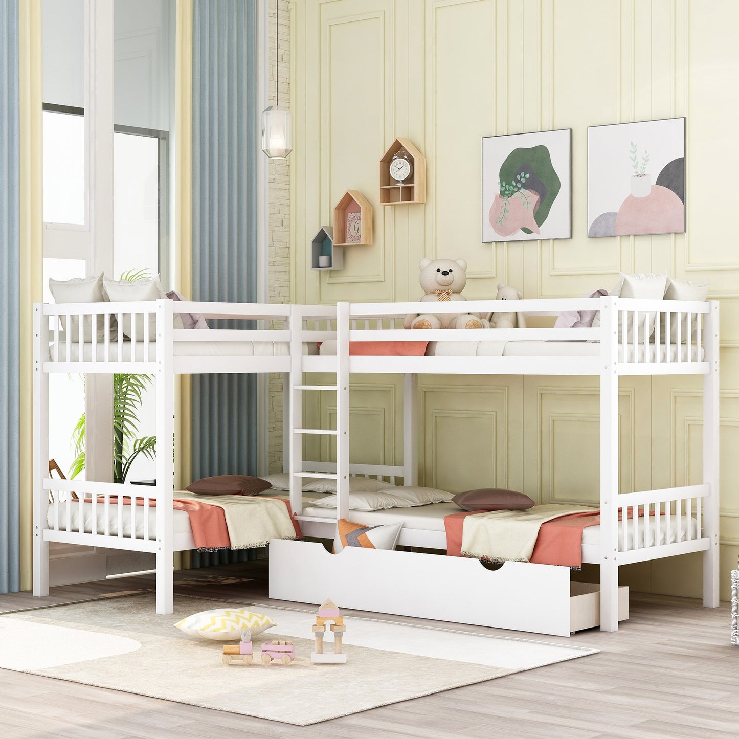 White Twin Size L Shaped Double Bunk Bed With Drawer By Homeroots | Beds | Modishstore