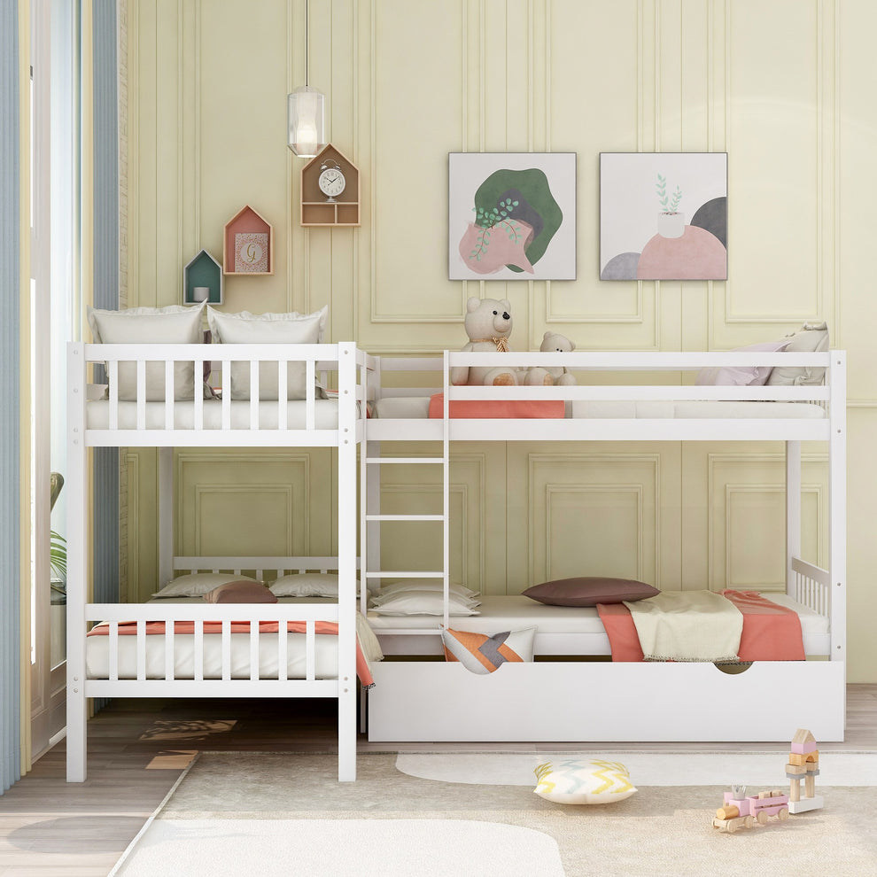 White Twin Size L Shaped Double Bunk Bed With Drawer By Homeroots | Beds | Modishstore - 2