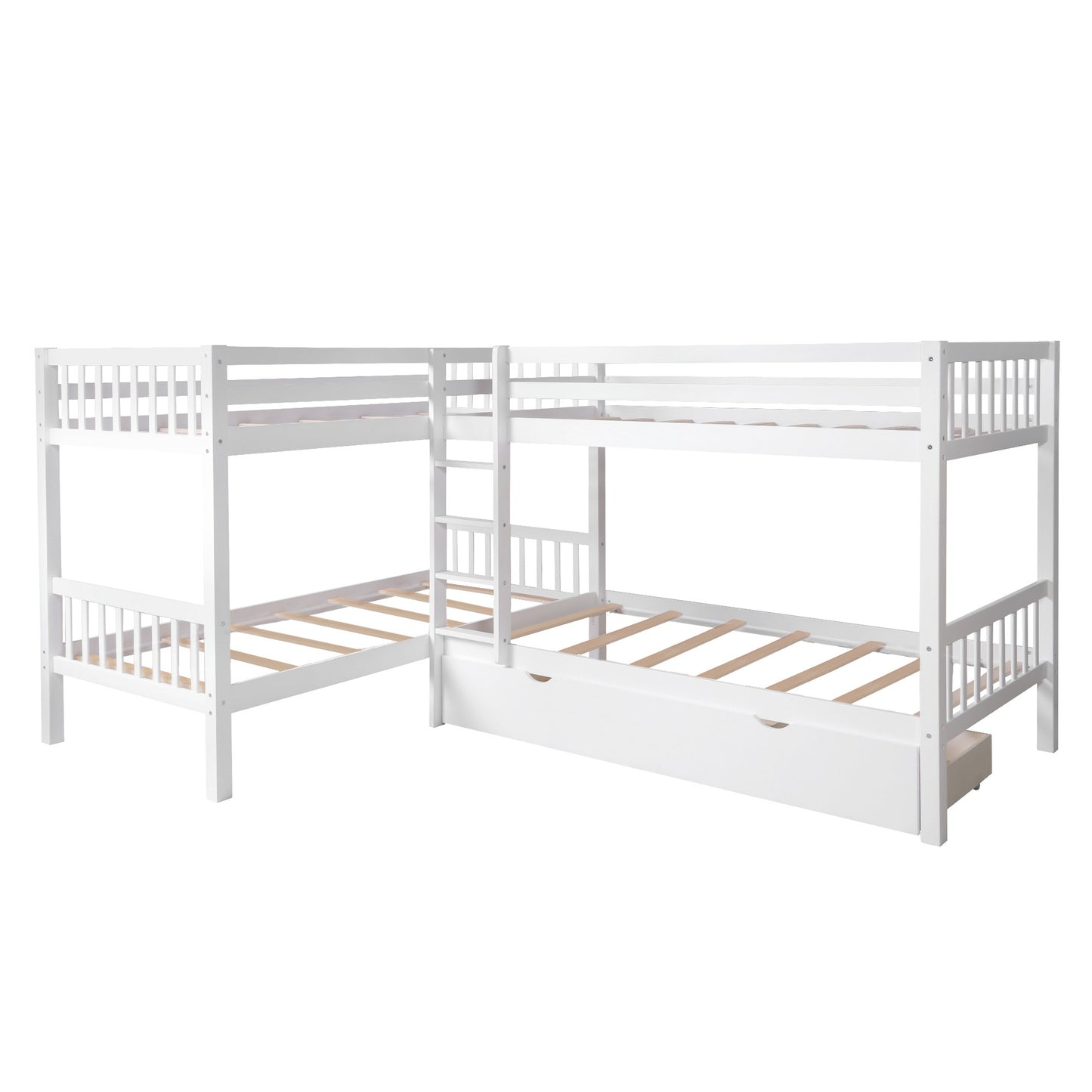 White Twin Size L Shaped Double Bunk Bed With Drawer By Homeroots | Beds | Modishstore - 3