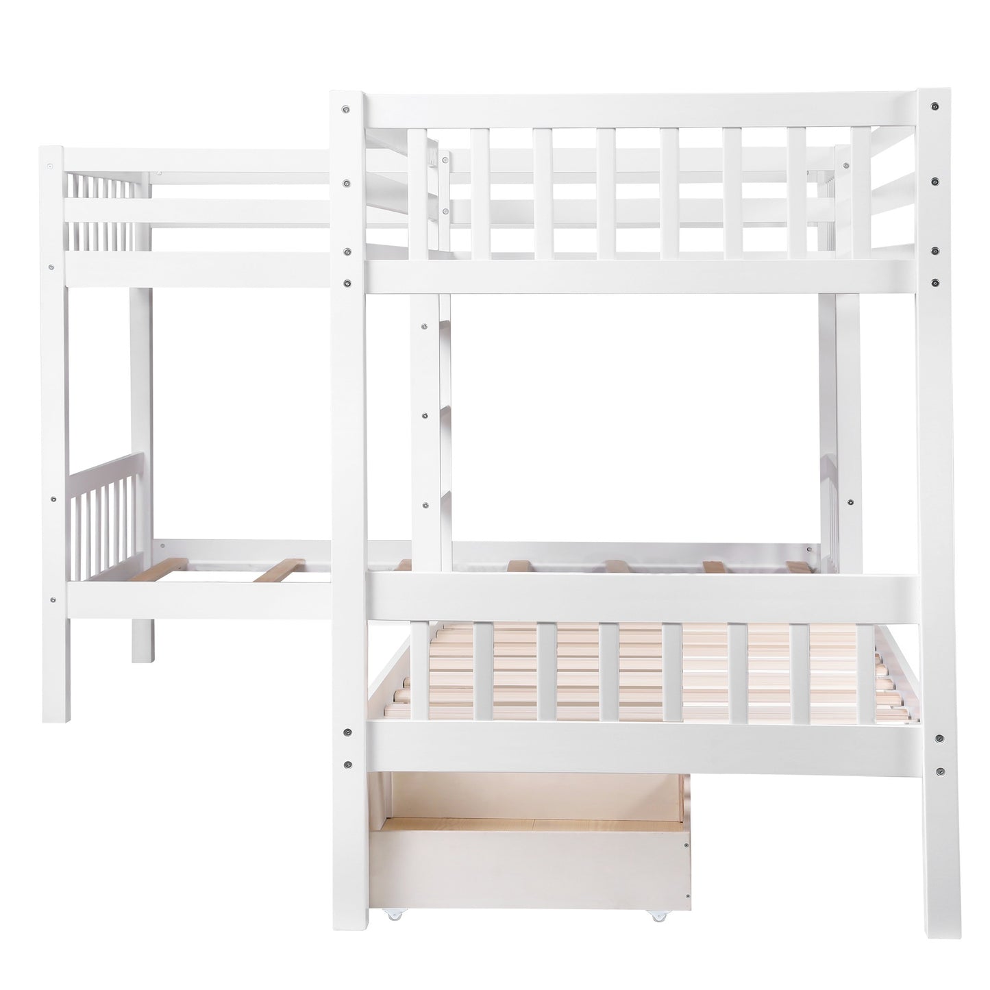 White Twin Size L Shaped Double Bunk Bed With Drawer By Homeroots | Beds | Modishstore - 9