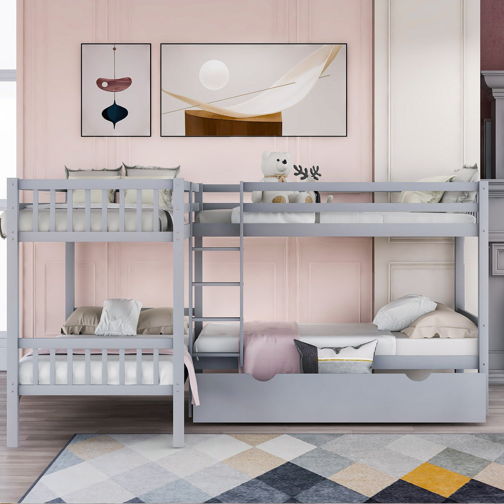 White Twin Size L Shaped Double Bunk Bed With Drawer By Homeroots | Beds | Modishstore - 12