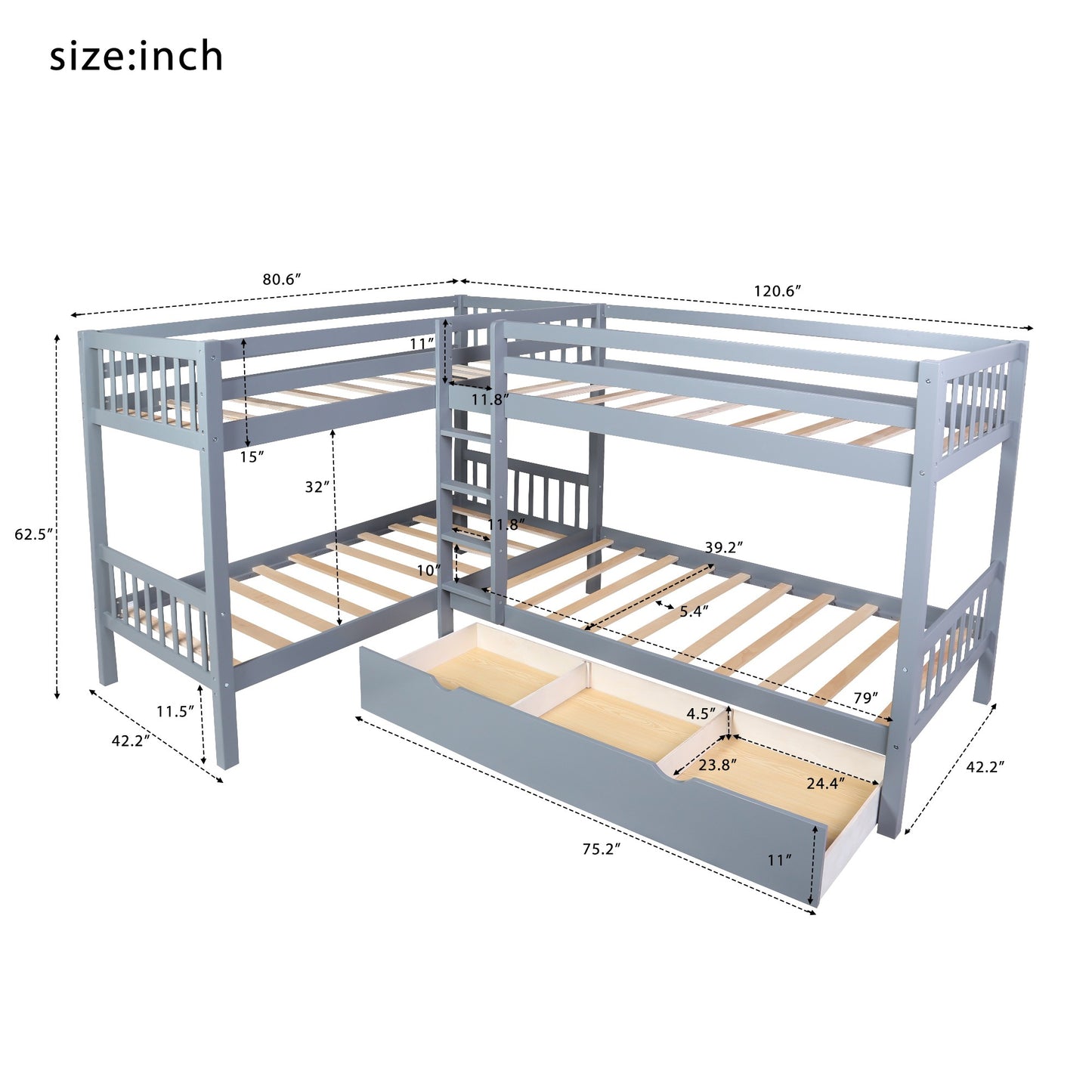 White Twin Size L Shaped Double Bunk Bed With Drawer By Homeroots | Beds | Modishstore - 14