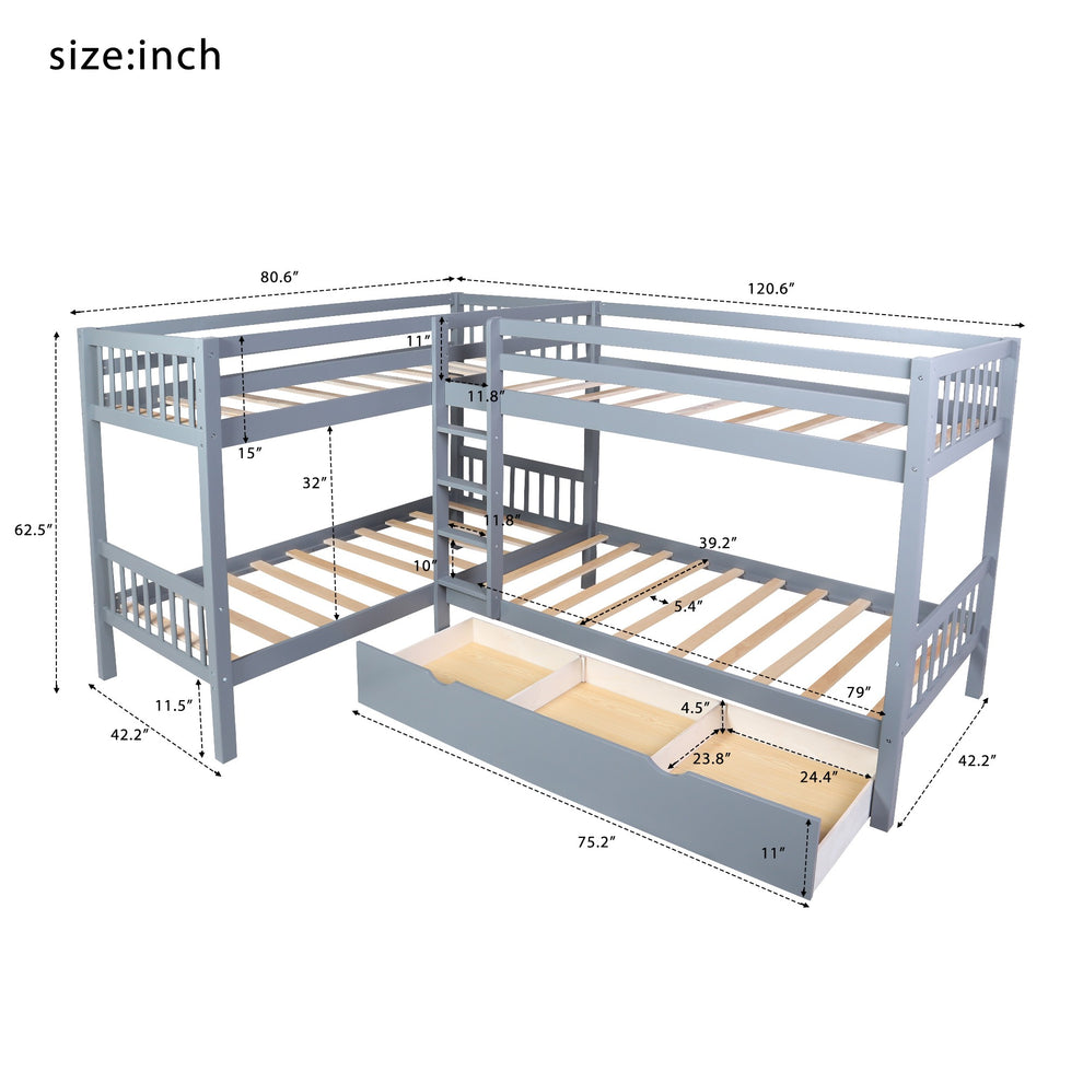 White Twin Size L Shaped Double Bunk Bed With Drawer By Homeroots | Beds | Modishstore - 14