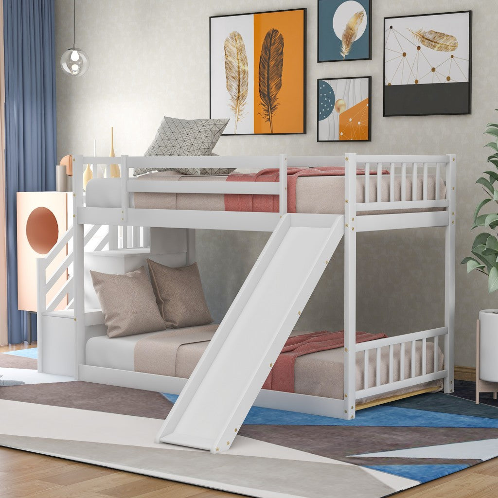 White Twin Over Twin Bunk Bed With Stairway And Slide By Homeroots | Beds | Modishstore