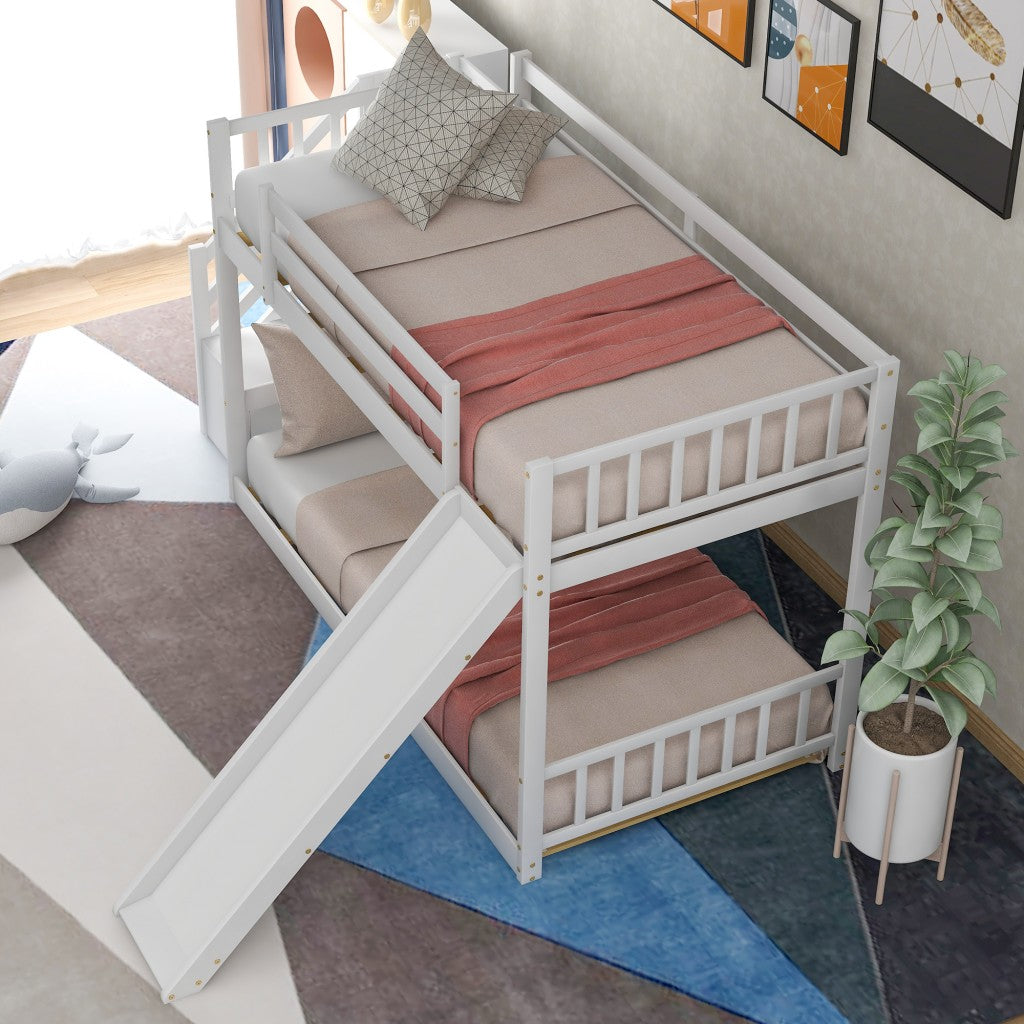 White Twin Over Twin Bunk Bed With Stairway And Slide By Homeroots | Beds | Modishstore - 2