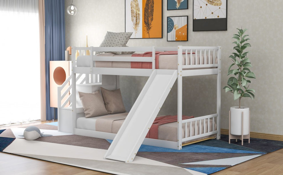 White Twin Over Twin Bunk Bed With Stairway And Slide By Homeroots | Beds | Modishstore - 3