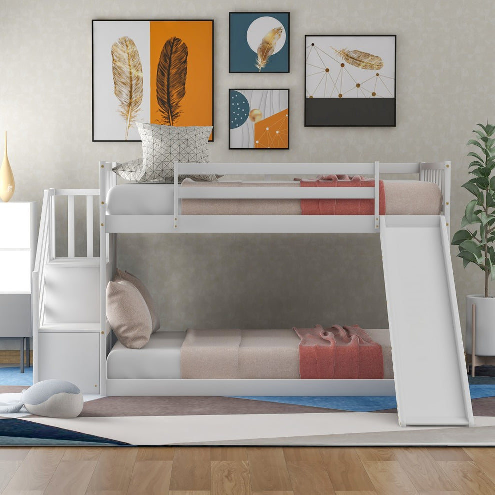 White Twin Over Twin Bunk Bed With Stairway And Slide By Homeroots | Beds | Modishstore - 4