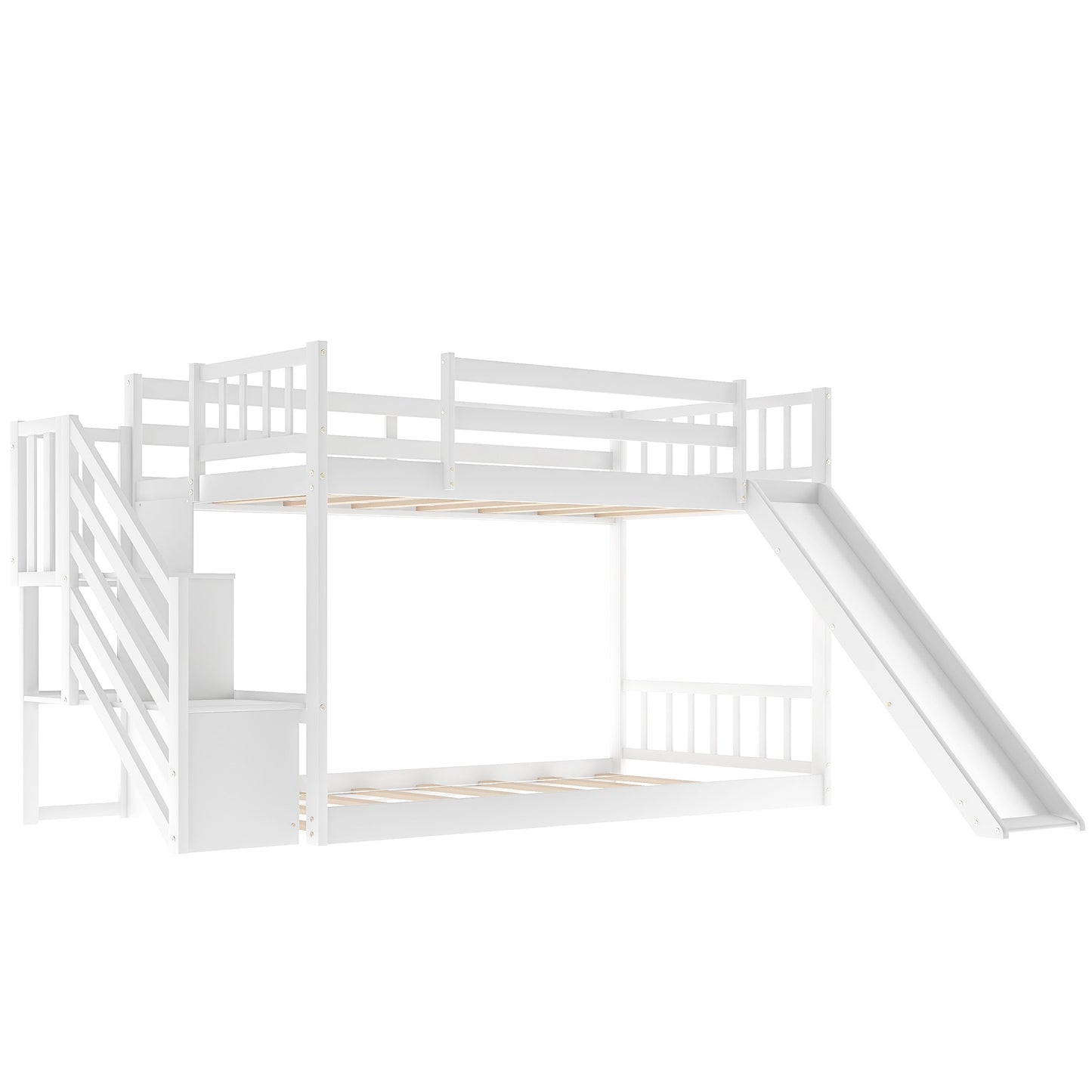 White Twin Over Twin Bunk Bed With Stairway And Slide By Homeroots | Beds | Modishstore - 5