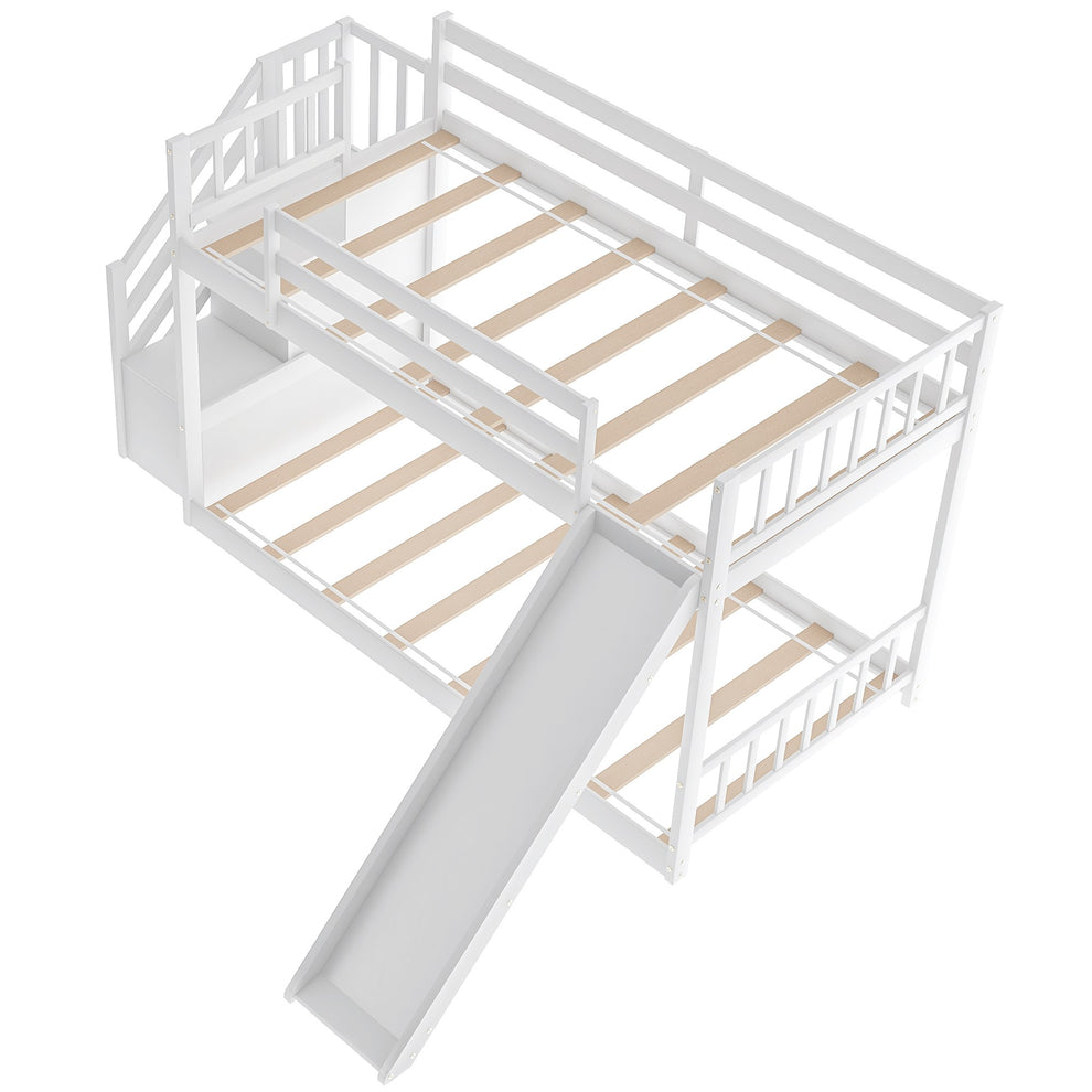 White Twin Over Twin Bunk Bed With Stairway And Slide By Homeroots | Beds | Modishstore - 7