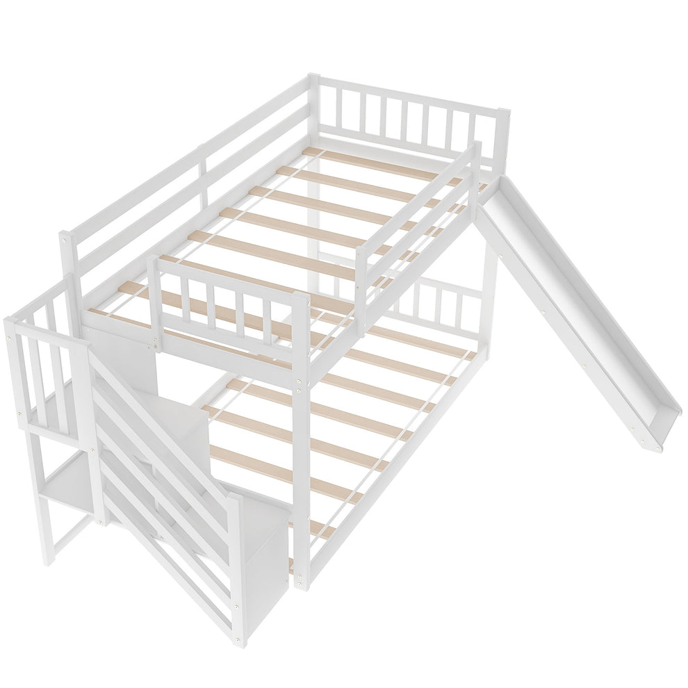 White Twin Over Twin Bunk Bed With Stairway And Slide By Homeroots | Beds | Modishstore - 9