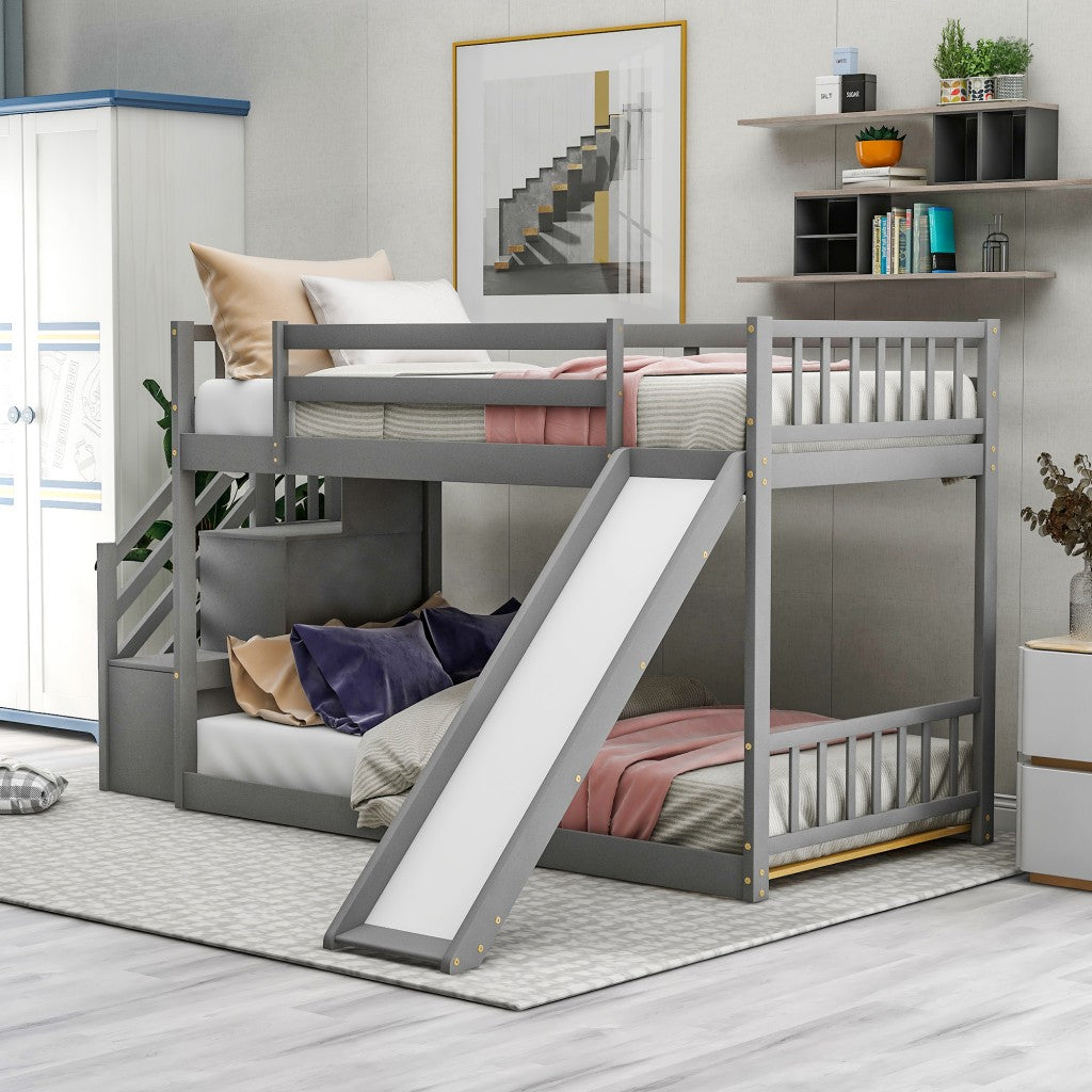 White Twin Over Twin Bunk Bed With Stairway And Slide By Homeroots | Beds | Modishstore - 10