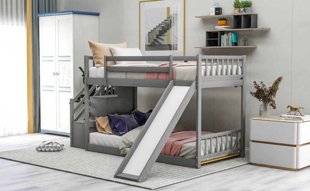 White Twin Over Twin Bunk Bed With Stairway And Slide By Homeroots | Beds | Modishstore - 12
