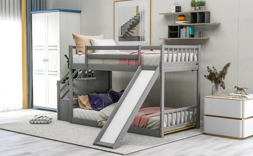 White Twin Over Twin Bunk Bed With Stairway And Slide By Homeroots | Beds | Modishstore - 12