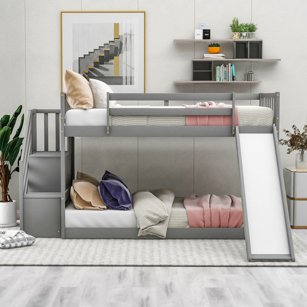 White Twin Over Twin Bunk Bed With Stairway And Slide By Homeroots | Beds | Modishstore - 13
