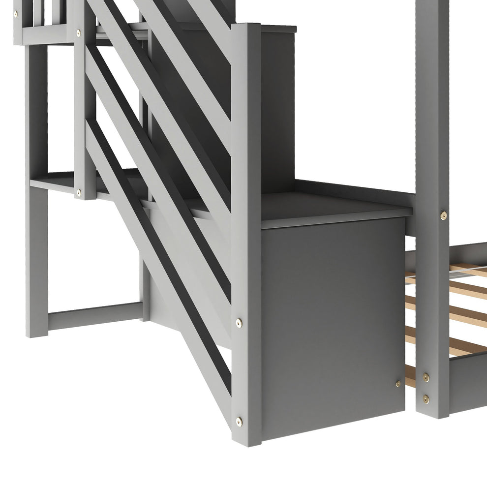 White Twin Over Twin Bunk Bed With Stairway And Slide By Homeroots | Beds | Modishstore - 15
