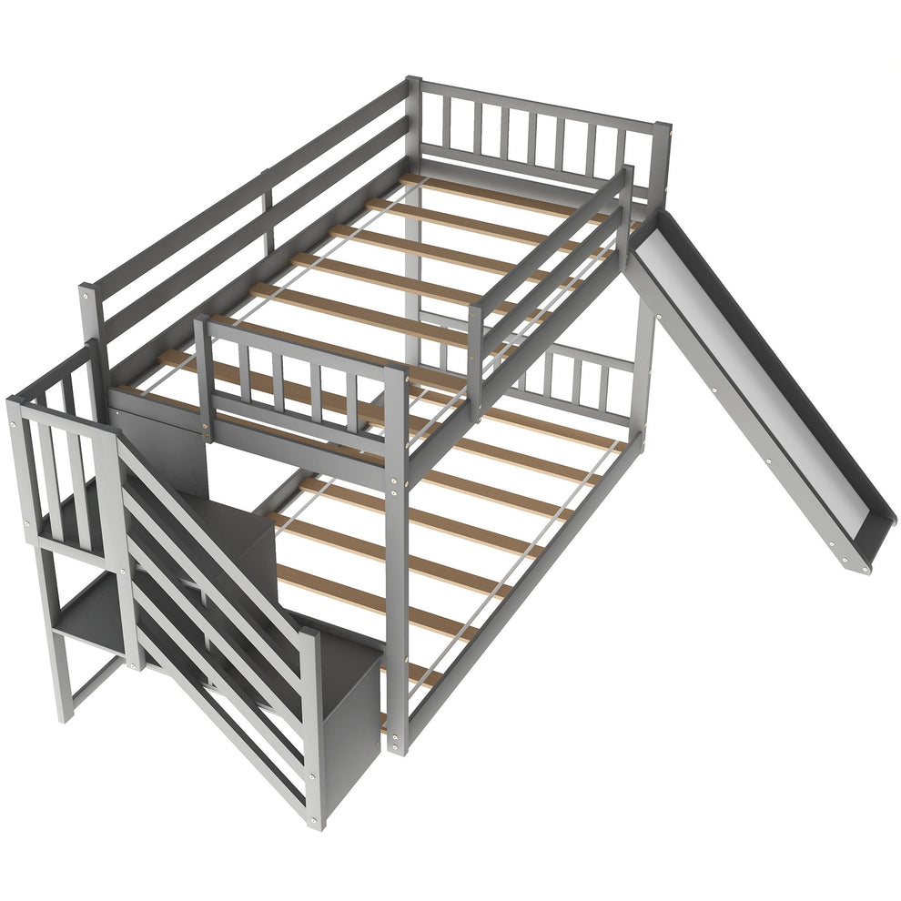 White Twin Over Twin Bunk Bed With Stairway And Slide By Homeroots | Beds | Modishstore - 17