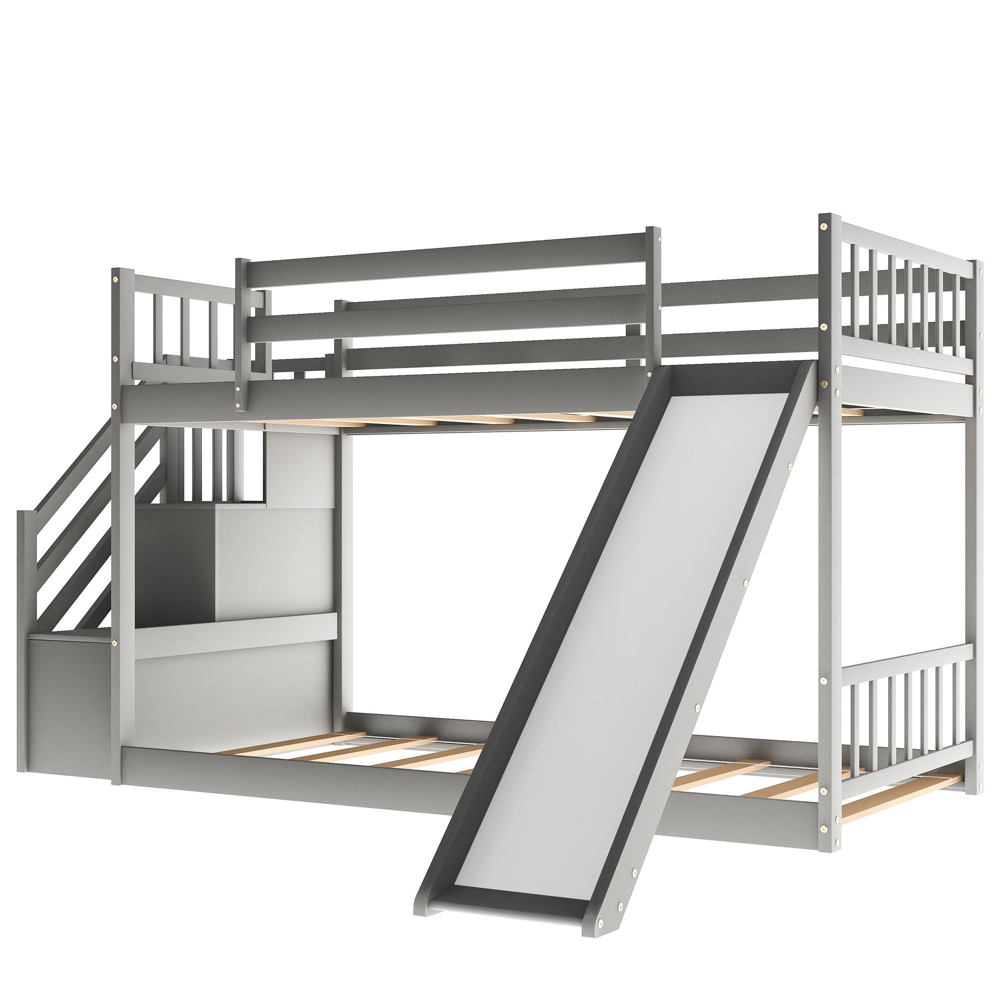 White Twin Over Twin Bunk Bed With Stairway And Slide By Homeroots | Beds | Modishstore - 18