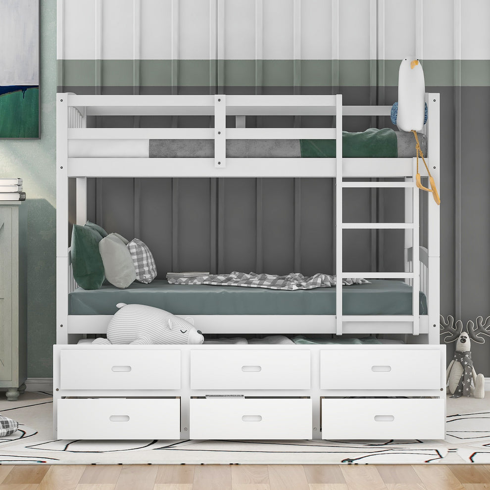 White Twin Over Twin Bunk Bed With Trundle And Drawers By Homeroots | Beds | Modishstore - 2