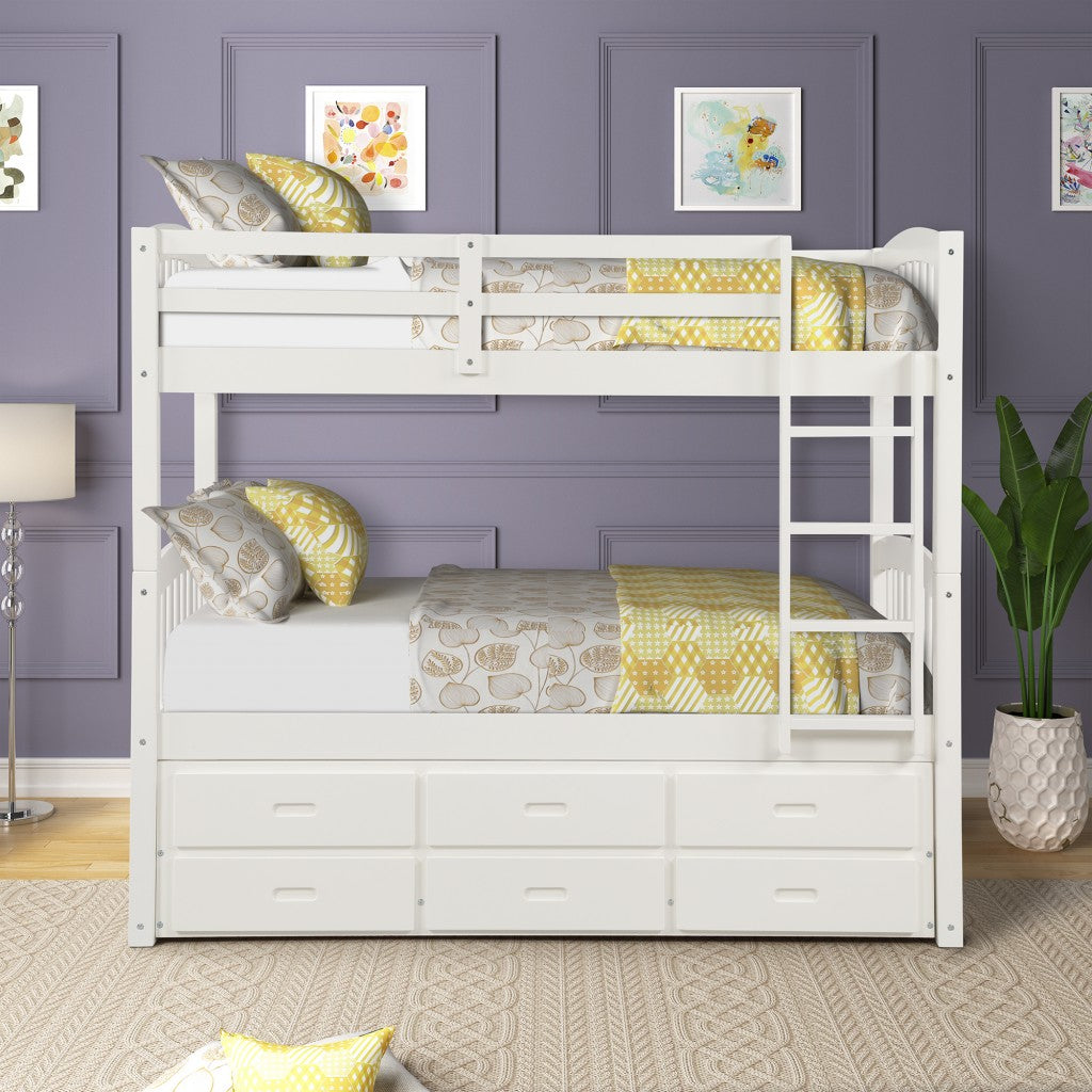 White Twin Over Twin Bunk Bed With Trundle And Drawers By Homeroots | Beds | Modishstore - 4