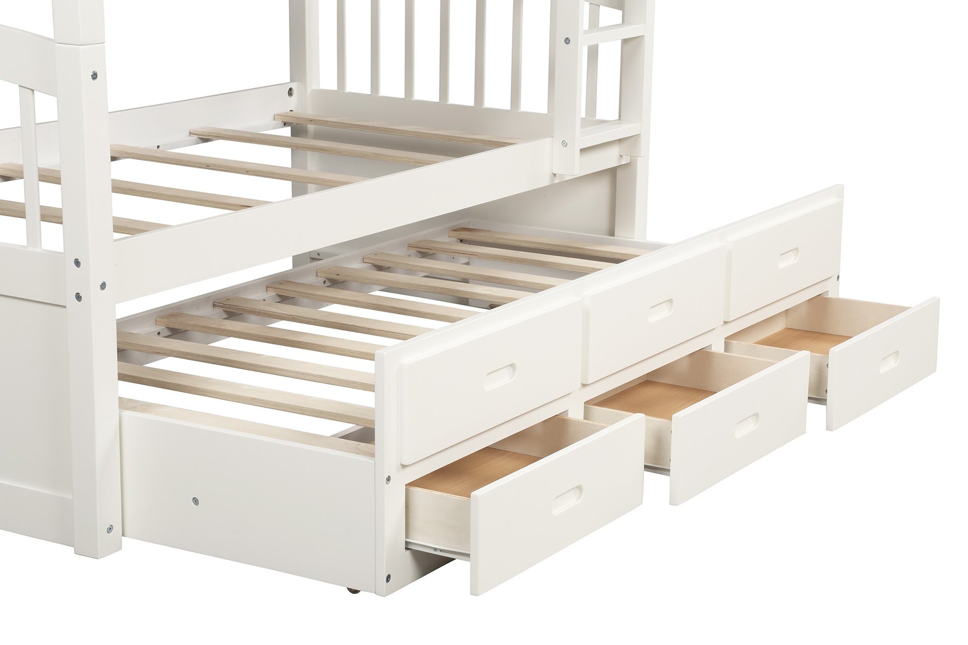 White Twin Over Twin Bunk Bed With Trundle And Drawers By Homeroots | Beds | Modishstore - 8