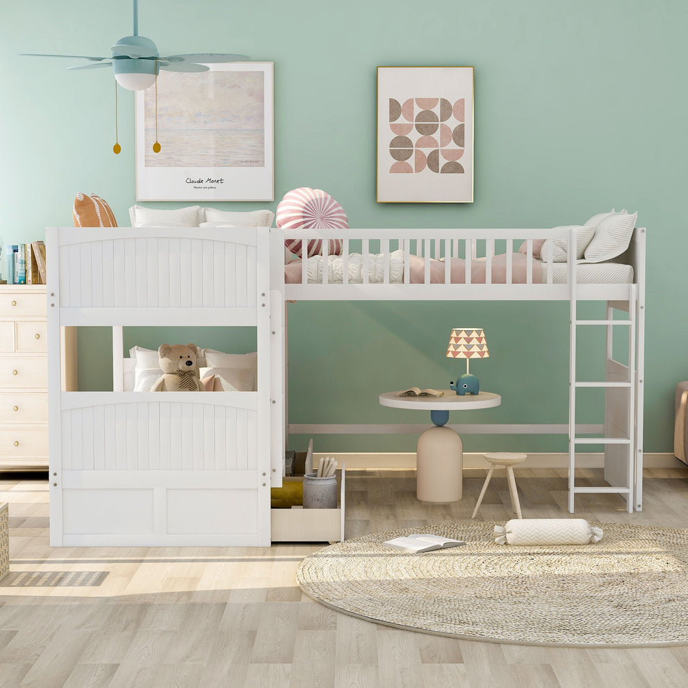 White Twin Size Bunk Bed With Attached Loft Bed And Drawers By Homeroots | Beds | Modishstore - 2