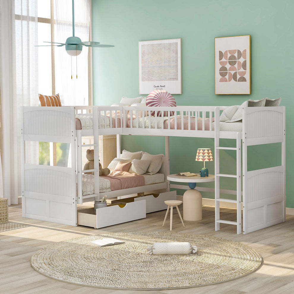 White Twin Size Bunk Bed With Attached Loft Bed And Drawers By Homeroots | Beds | Modishstore - 3