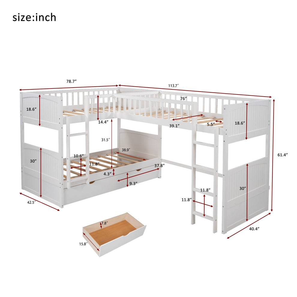White Twin Size Bunk Bed With Attached Loft Bed And Drawers By Homeroots | Beds | Modishstore - 6