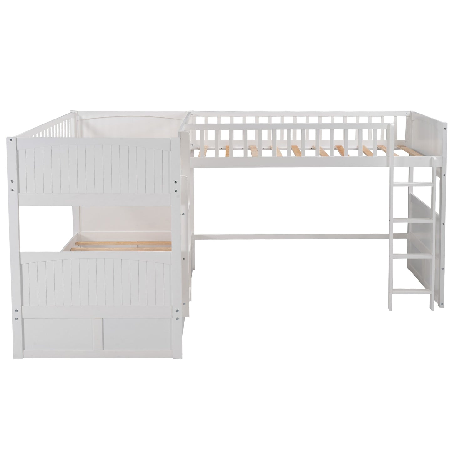 White Twin Size Bunk Bed With Attached Loft Bed And Drawers By Homeroots | Beds | Modishstore - 7