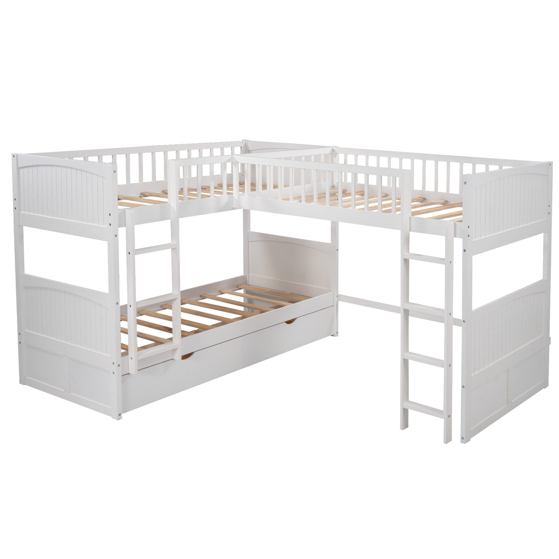 White Twin Size Bunk Bed With Attached Loft Bed And Drawers By Homeroots | Beds | Modishstore - 8