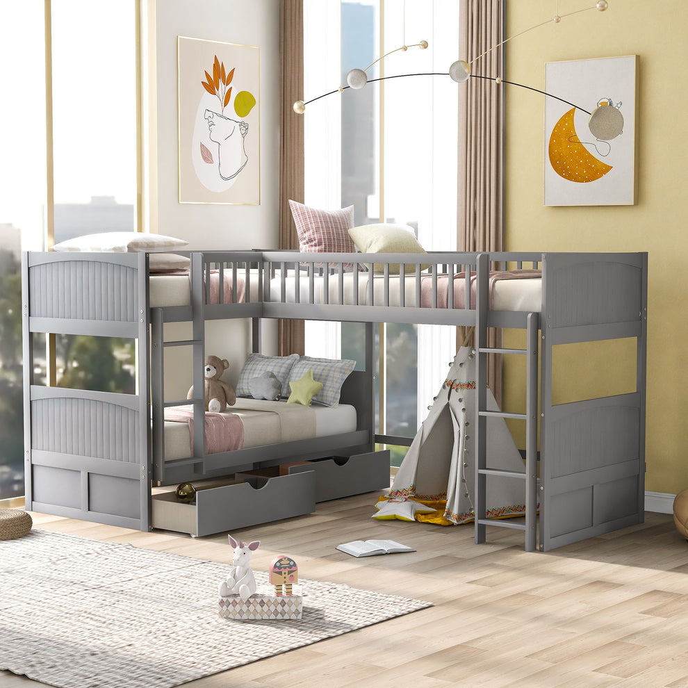White Twin Size Bunk Bed With Attached Loft Bed And Drawers By Homeroots | Beds | Modishstore - 10