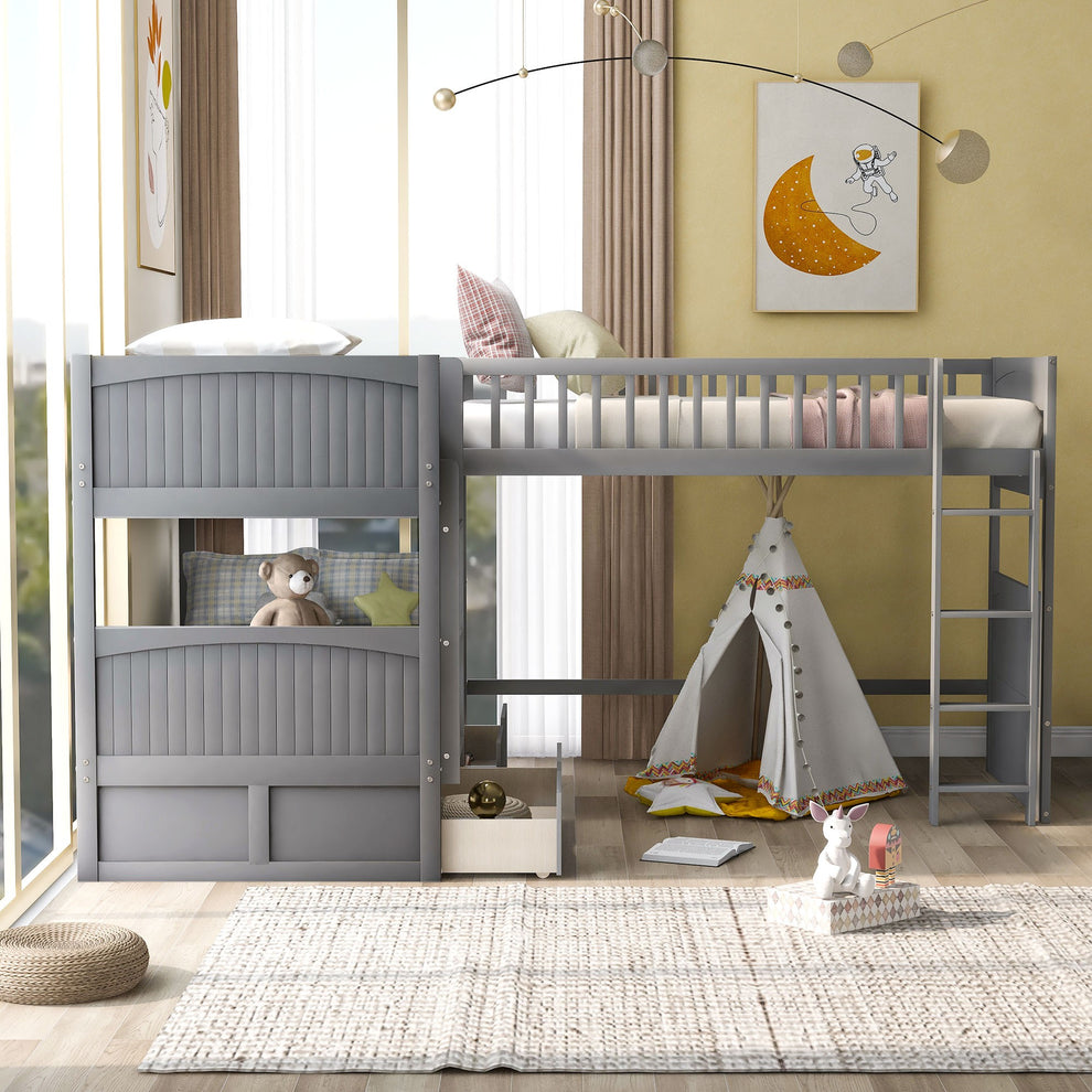 White Twin Size Bunk Bed With Attached Loft Bed And Drawers By Homeroots | Beds | Modishstore - 13