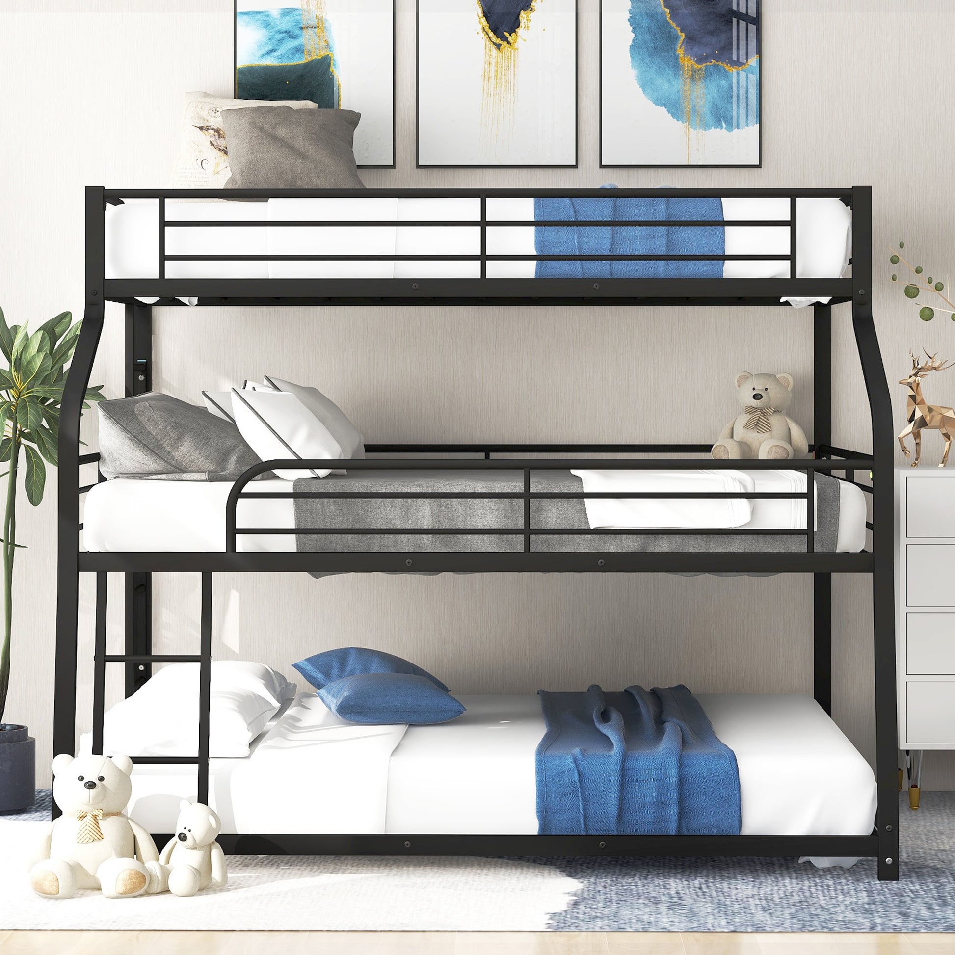 Black Twin Xl Over Full Xl Over Queen Size Bunk Bed By Homeroots | Beds | Modishstore - 2