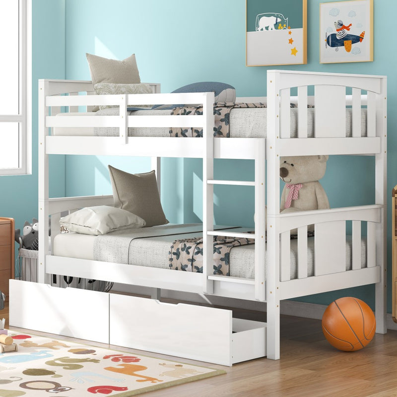 White Double Twin Size Ladder Bunk Bed With Drawers By Homeroots | Beds | Modishstore
