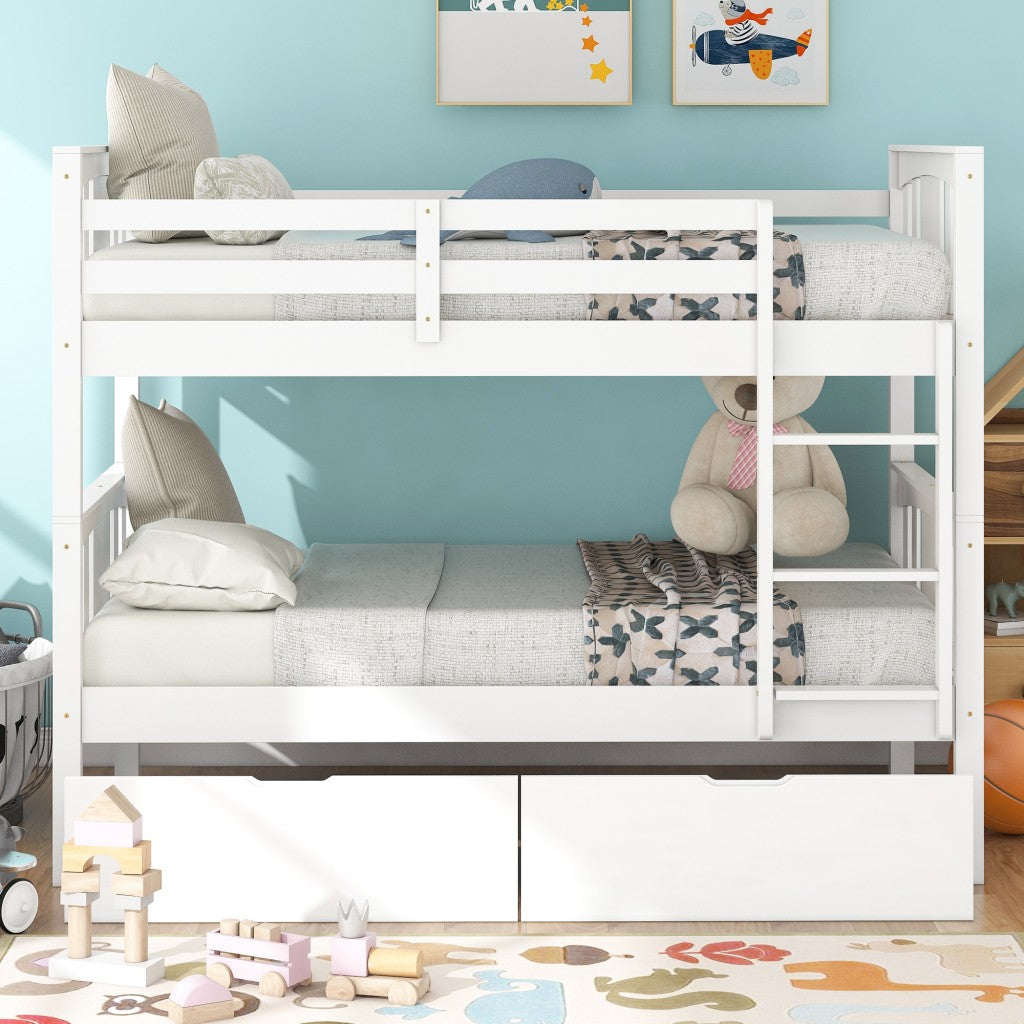 White Double Twin Size Ladder Bunk Bed With Drawers By Homeroots | Beds | Modishstore - 2
