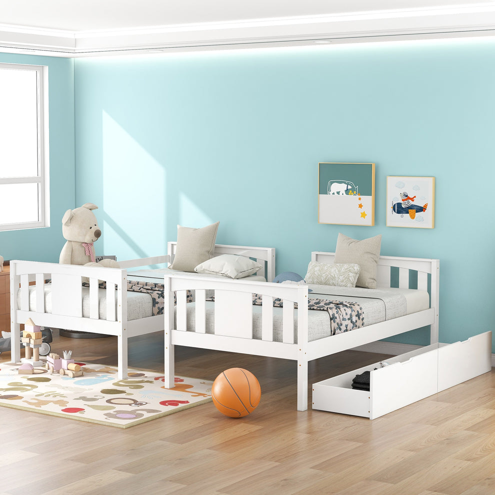 White Double Twin Size Ladder Bunk Bed With Drawers By Homeroots | Beds | Modishstore - 3
