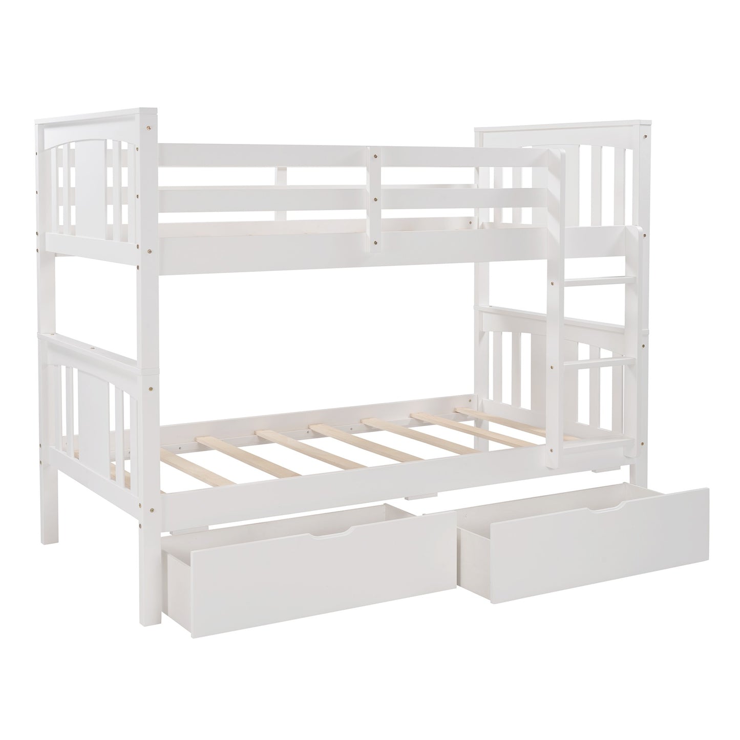 White Double Twin Size Ladder Bunk Bed With Drawers By Homeroots | Beds | Modishstore - 4