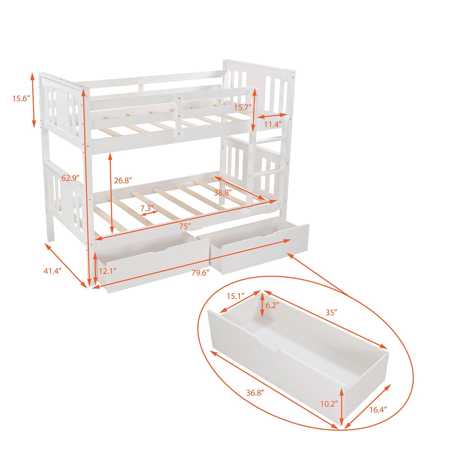 White Double Twin Size Ladder Bunk Bed With Drawers By Homeroots | Beds | Modishstore - 6