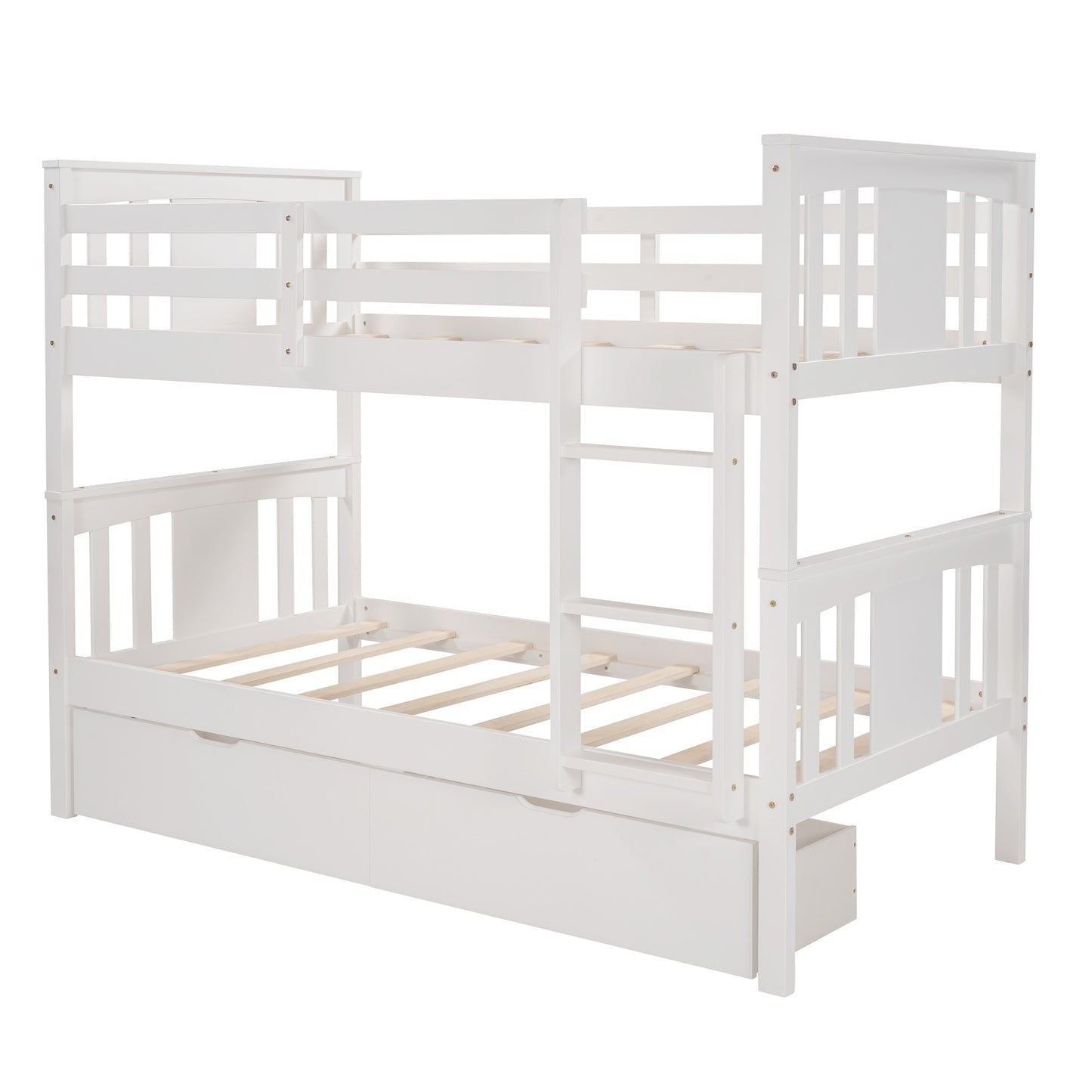 White Double Twin Size Ladder Bunk Bed With Drawers By Homeroots | Beds | Modishstore - 7