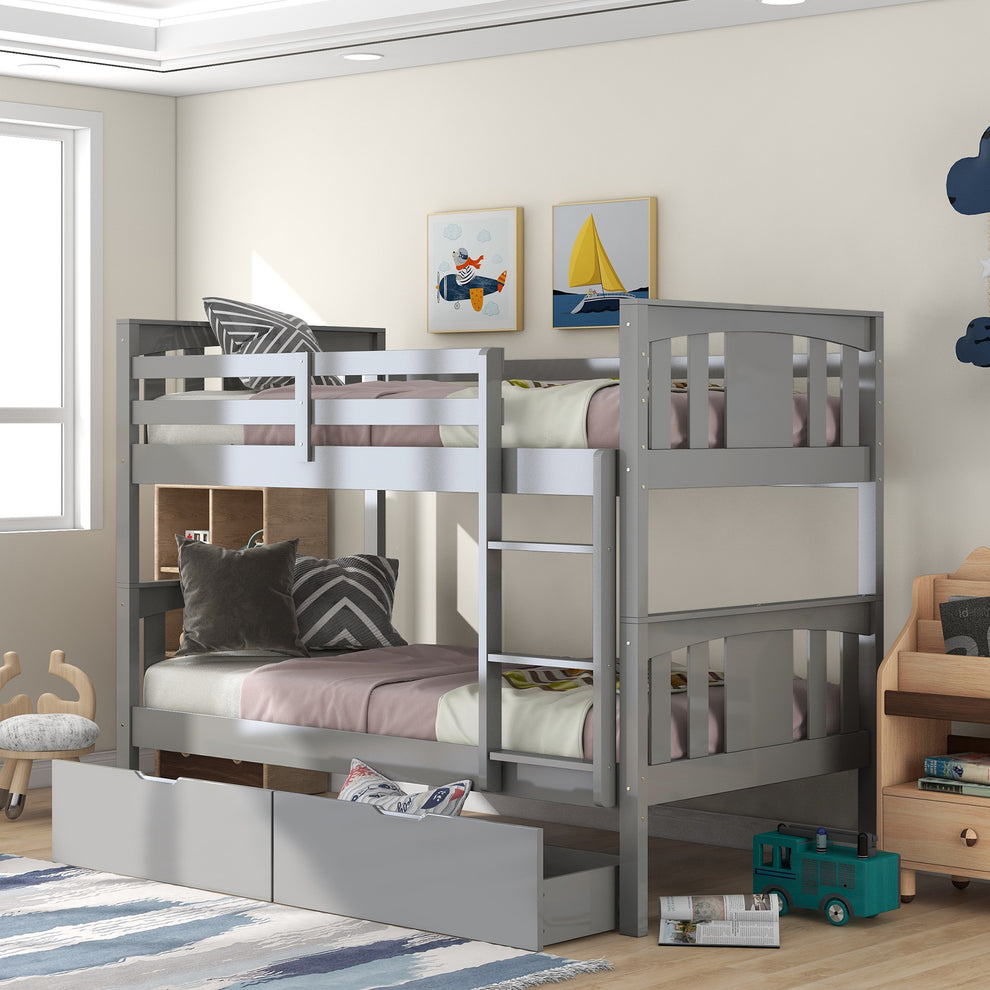 White Double Twin Size Ladder Bunk Bed With Drawers By Homeroots | Beds | Modishstore - 10