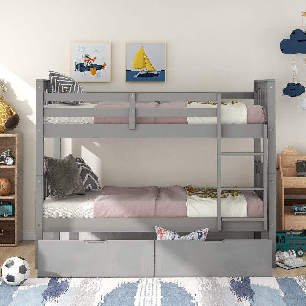 White Double Twin Size Ladder Bunk Bed With Drawers By Homeroots | Beds | Modishstore - 11