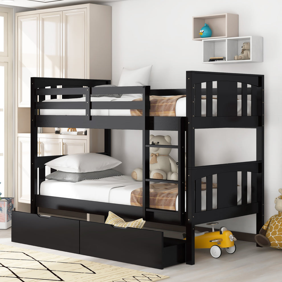 White Double Twin Size Ladder Bunk Bed With Drawers By Homeroots | Beds | Modishstore - 19