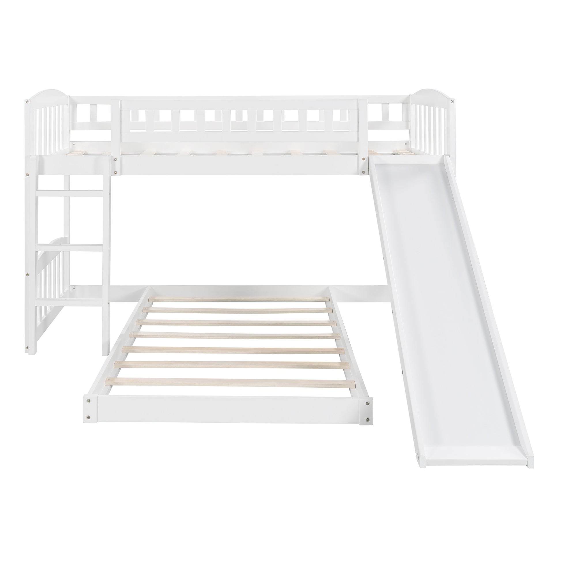 White Double Twin Size Ladder And Slide Bunk Bed By Homeroots | Beds | Modishstore - 4