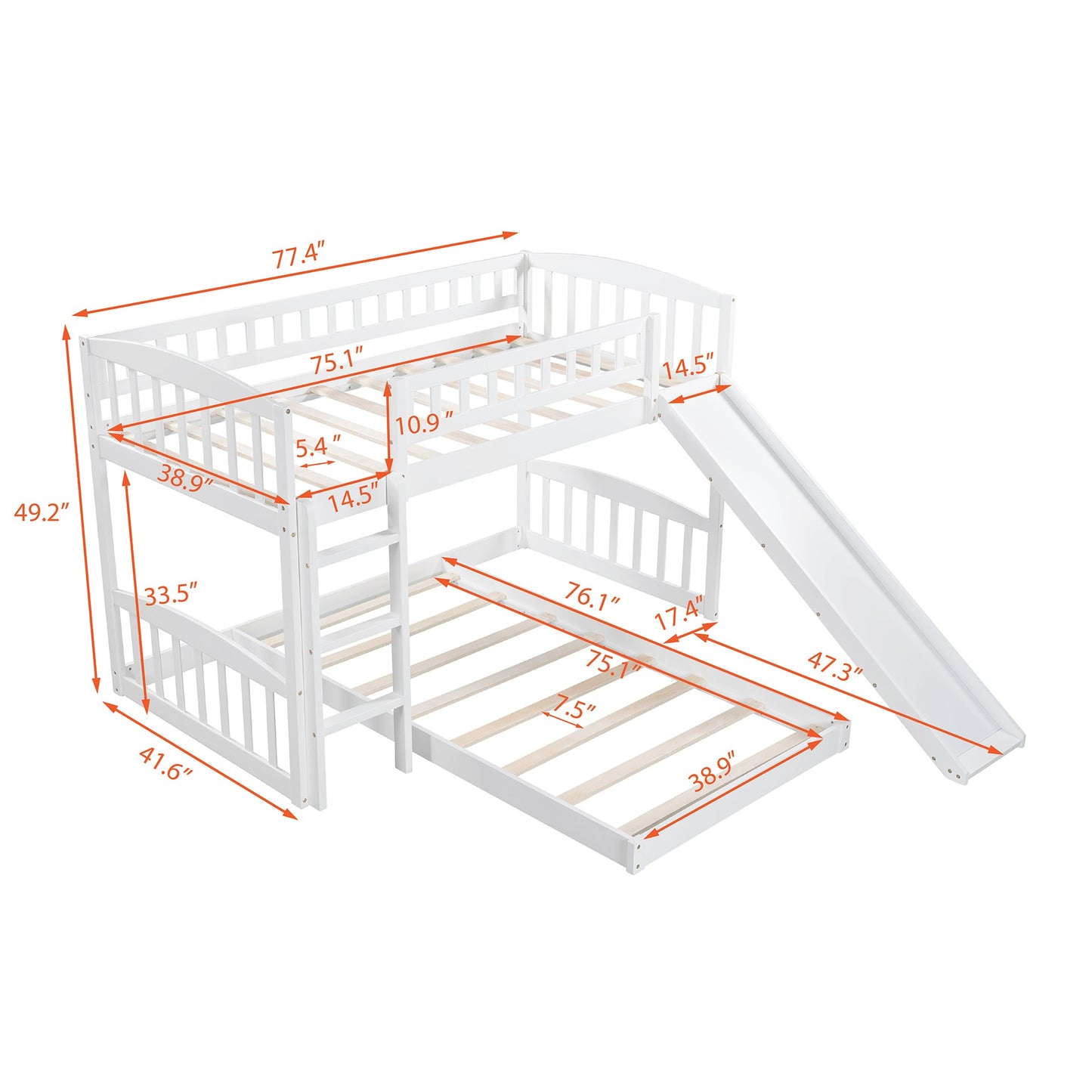 White Double Twin Size Ladder And Slide Bunk Bed By Homeroots | Beds | Modishstore - 6
