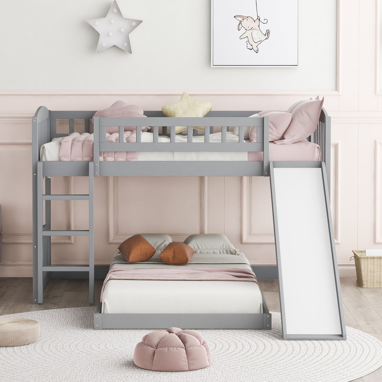 White Double Twin Size Ladder And Slide Bunk Bed By Homeroots | Beds | Modishstore - 11