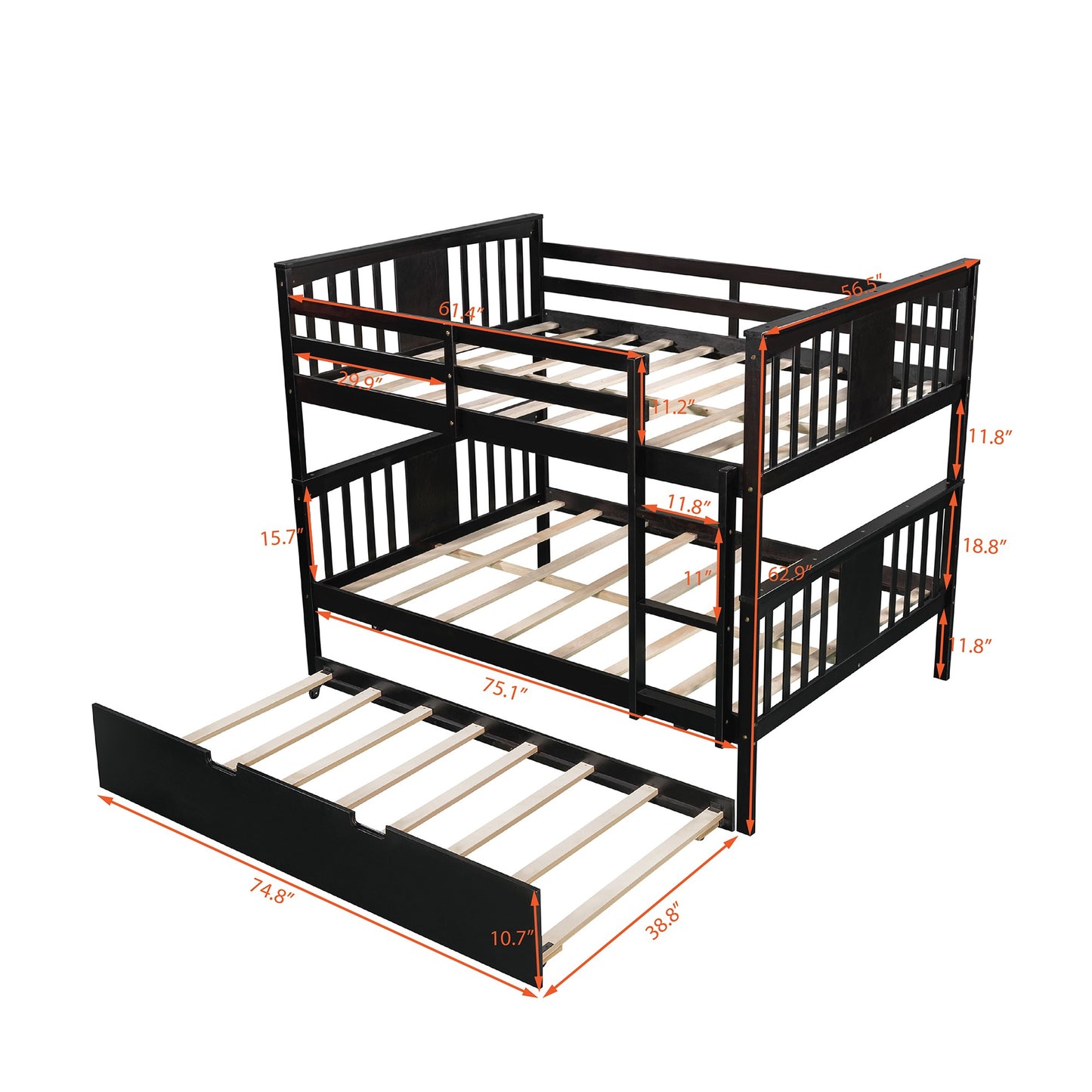 Brown Double Full Size Over Twin Trundle Bunk Bed By Homeroots | Beds | Modishstore - 7