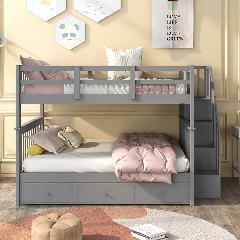 Gray Double Full Size Stairway Bunk Bed With Drawer By Homeroots | Beds | Modishstore - 2