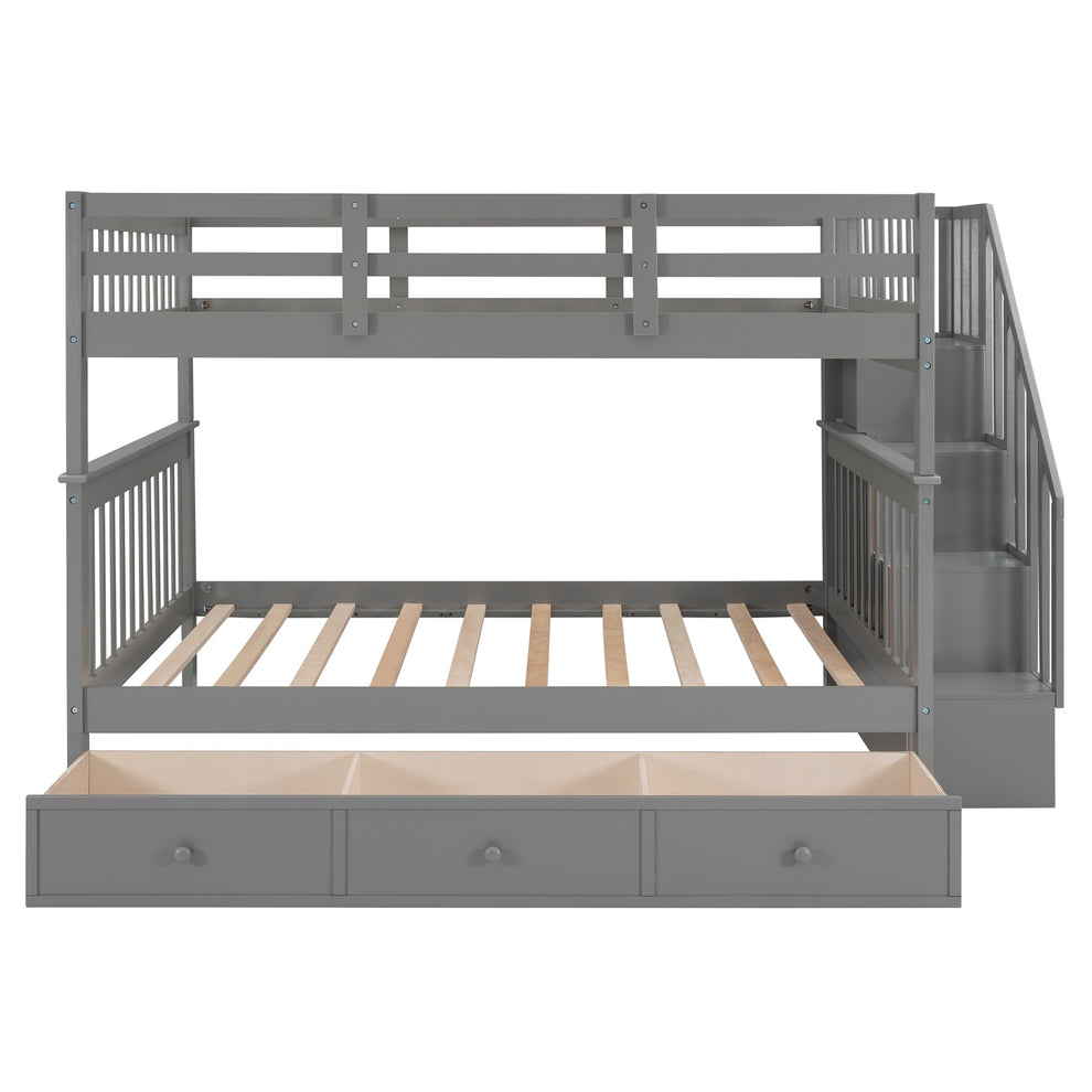 Gray Double Full Size Stairway Bunk Bed With Drawer By Homeroots | Beds | Modishstore - 3