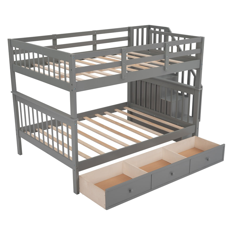Gray Double Full Size Stairway Bunk Bed With Drawer By Homeroots | Beds | Modishstore - 4