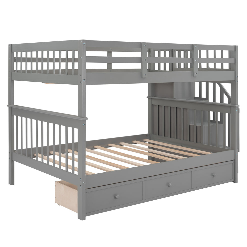 Gray Double Full Size Stairway Bunk Bed With Drawer By Homeroots | Beds | Modishstore - 5