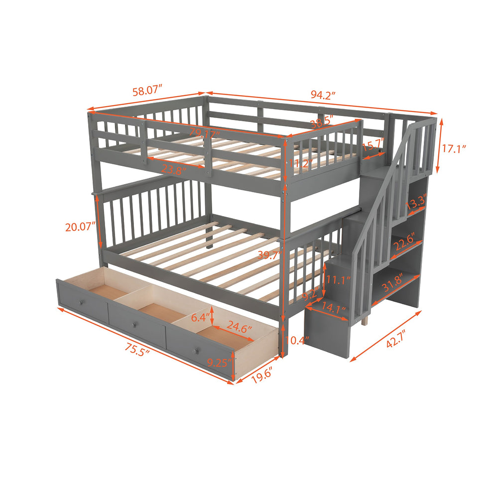 Gray Double Full Size Stairway Bunk Bed With Drawer By Homeroots | Beds | Modishstore - 7